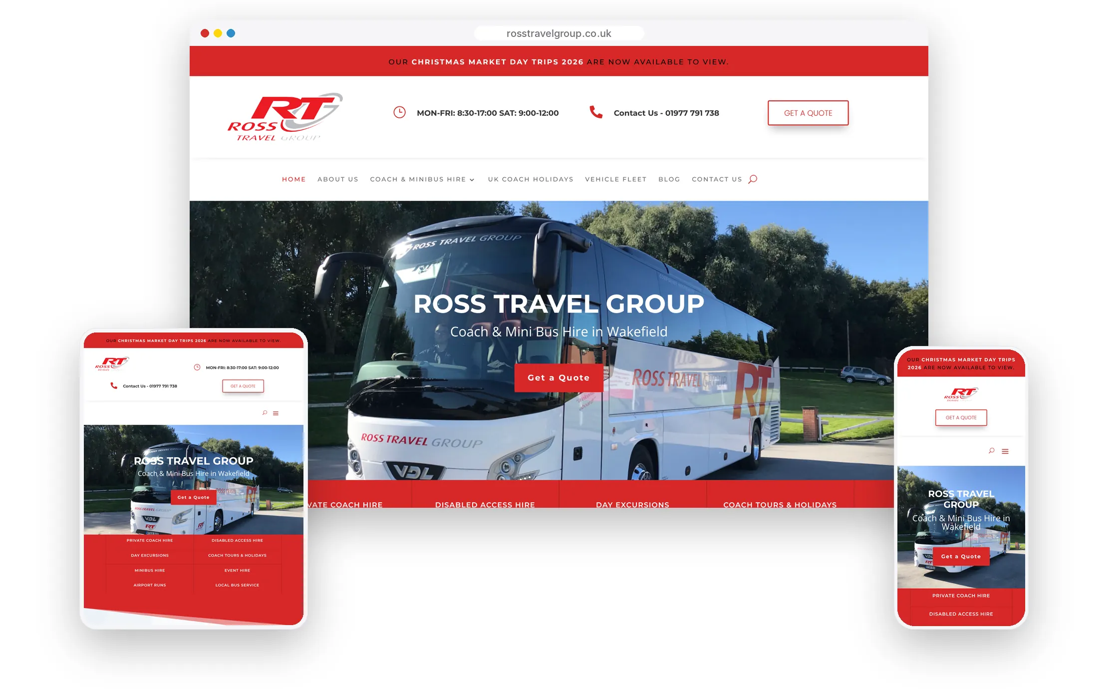 The Ross Travel Group website, built by FUZZ UK, shown on a desktop browser, a tablet and a phone