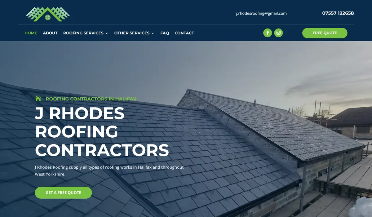 Homepage of the J Rhodes Roofing website, designed by FUZZ UK