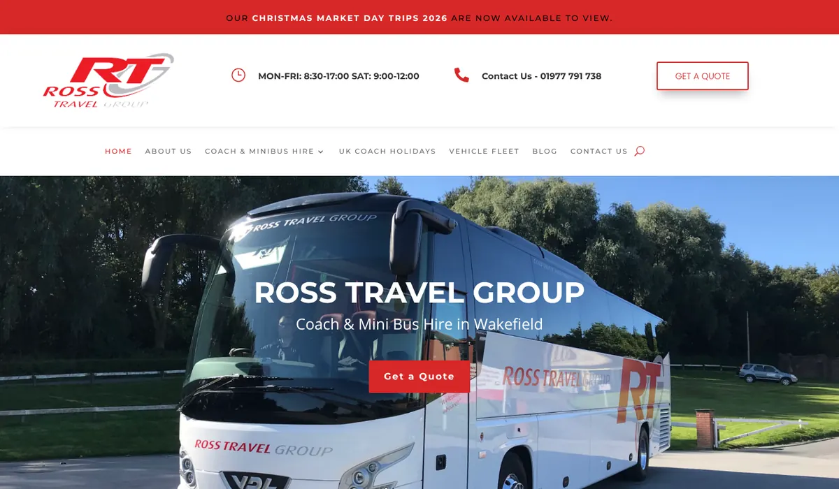 Homepage of the Ross Travel Group website, designed by FUZZ UK