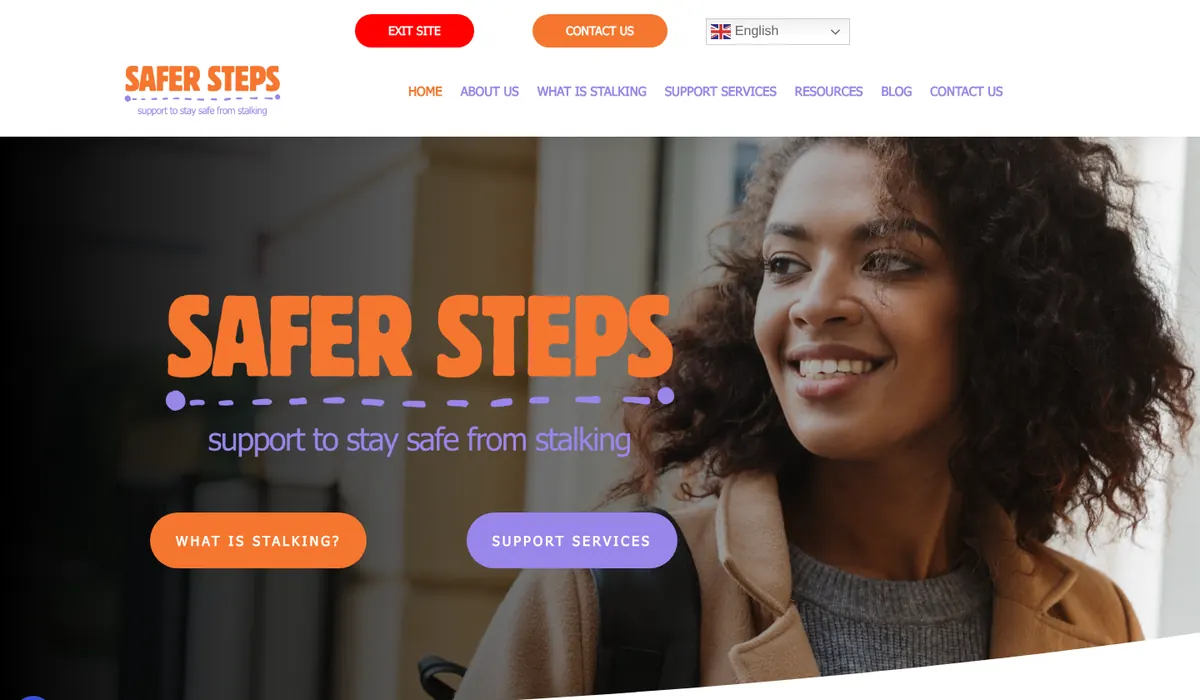 Homepage of the Safer Steps website, designed by FUZZ UK