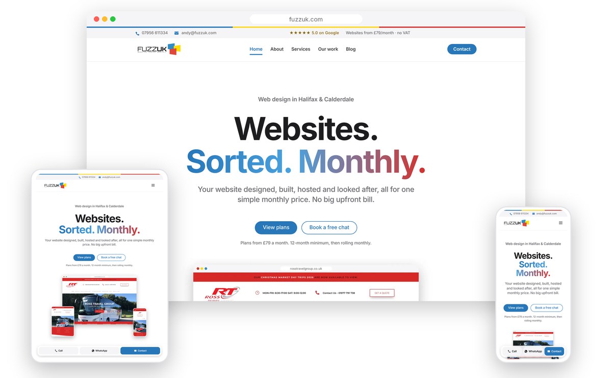 The FUZZ UK website, built by FUZZ UK, shown on a desktop browser, a tablet and a phone